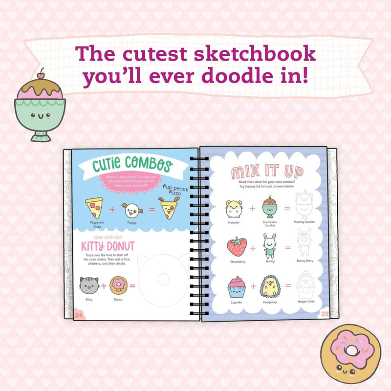 Spiral-bound sketchbook with two pages open showing doodle prompts on a pink background.