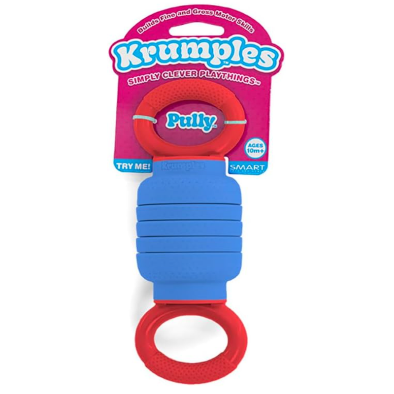 Blue and red Krumples toy with packaging on a white background.