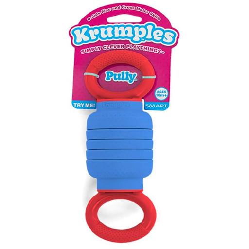 Blue and red Krumples toy with packaging on a white background.