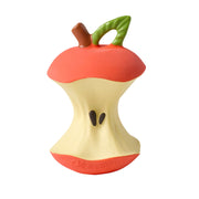 Red apple-shaped baby teether toy with green leaf handle and brown stem on white background