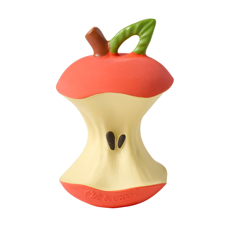 Red apple-shaped baby teether toy with green leaf handle and brown stem on white background