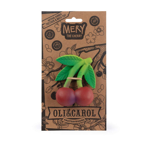 Mery the Cherry natural rubber teething toy by Oli & Carol in retail packaging