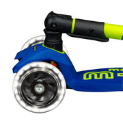 Close-up of a blue scooter with a black and neon yellow handlebar on a white background