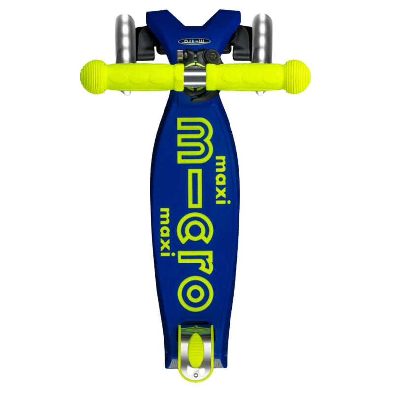Micro Kickboard Maxi Deluxe Foldable Neon LED scooter in canary yellow and navy blue.