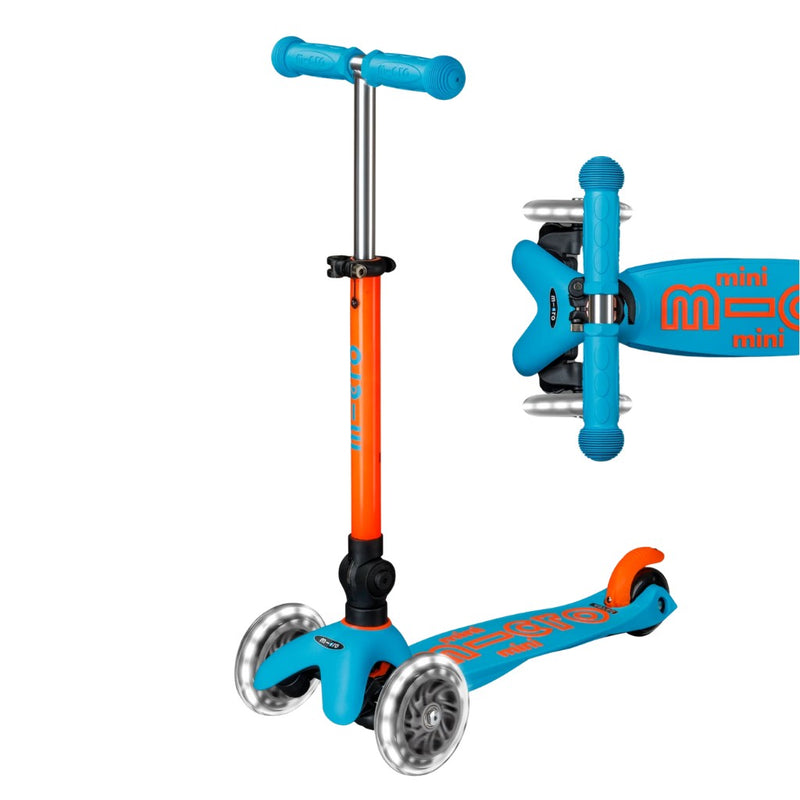 Blue and orange Micro Scooter with a picture of the same scooter from the top looking down. 