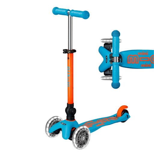 Blue and orange Micro Scooter with a picture of the same scooter from the top looking down. 