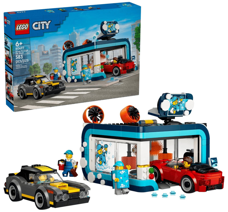 A LEGO City building set showing a blue and teal ice wash station with a red car inside, a gray and yellow car outside, and two minifigures on a plain white background.
