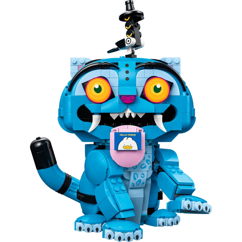 LEGO KPOP Derpy Tiger.  Blue tiger toy figure with large eyes and a pink belly on a white background.