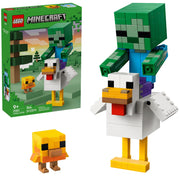 LEGO Minecraft Chicken Rider set box, assembled chicken model, and a small yellow chicken figure on a white background. The box shows LEGO and Minecraft branding and depicts a green zombie-like figure riding a white chicken.