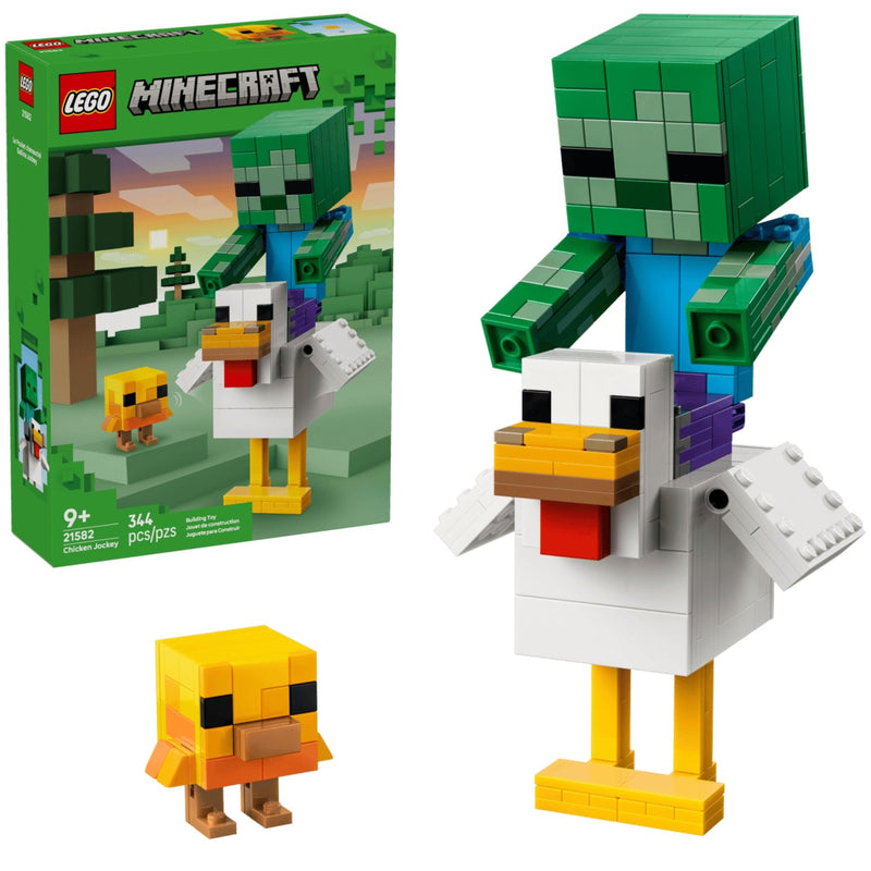 LEGO Minecraft Chicken Rider set box, assembled chicken model, and a small yellow chicken figure on a white background. The box shows LEGO and Minecraft branding and depicts a green zombie-like figure riding a white chicken.