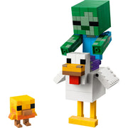 LEGO MinecraftvChicken Jockey toy figures made of interlocking bricks featuring a character with a green head and a white body with yellow legs.