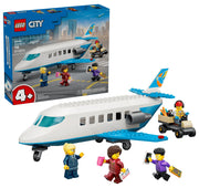 LEGO City Airport set 65462 featuring a white and blue toy passenger jet, four minifigures, and a cargo cart, shown in front of its blue retail box on a white background.