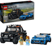 LEGO Speed Champions set 77625, featuring a black off-road Land Rover Defender toy vehicle, a blue Lotus Esprit sports car, and two minifigures, shown alongside its retail packaging box on a white background.