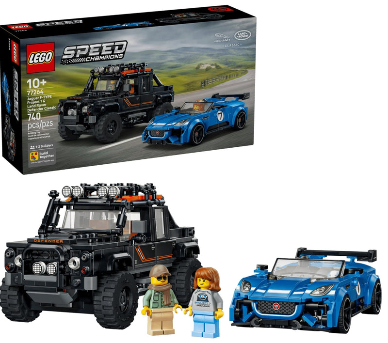 LEGO Speed Champions set 77625, featuring a black off-road Land Rover Defender toy vehicle, a blue Lotus Esprit sports car, and two minifigures, shown alongside its retail packaging box on a white background.