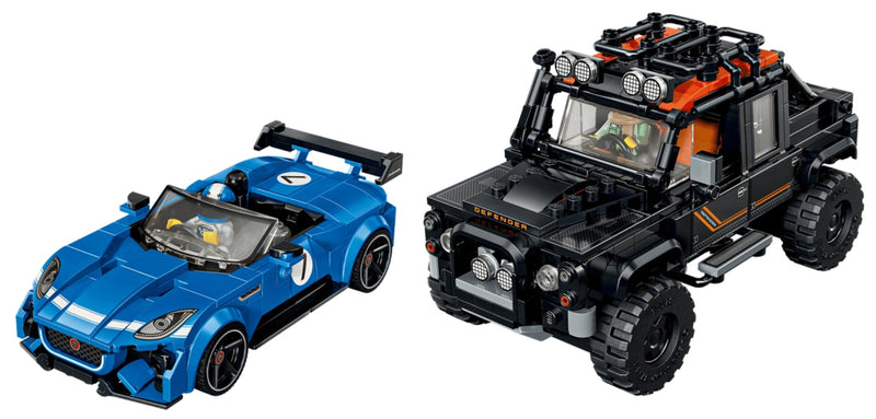 Two LEGO cars from the Speed collection -- a blue Jaguar and a black Range Rover Defender on a plain white background: