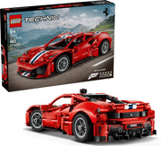 LEGO Technic Ferrari 480 Super Sport building set shown with its retail box and the assembled red model car on a clean white background.
