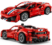 Two views of a red LEGO Technic Ferrari 480 Super Sport building set , shown on a clean white background. The top view shows the front three-quarter with blue and white racing stripes, and the bottom view shows the rear three-quarter with a black diffuser and spoiler.