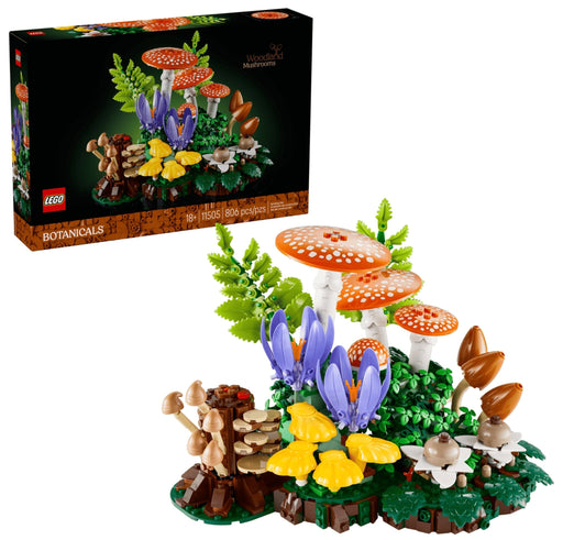 LEGO's Woodland Mushroom building set on a white background, featuring orange and white spotted mushrooms, purple flowers, yellow mushrooms, green foliage, brown tree stumps, and small white flowers.