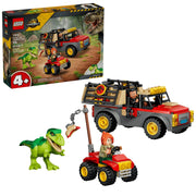 LEGO Jurassic World set 77670, featuring a red and gray off-road vehicle, a red and gray ATV with a minifigure, a green T-Rex toy, and the original product box on a white background.
