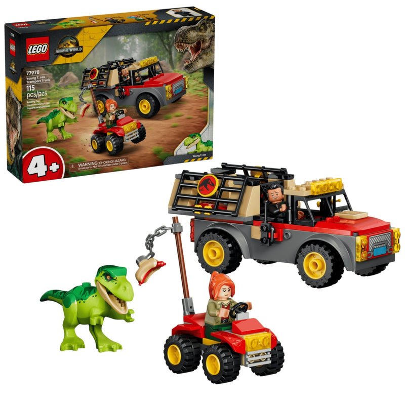 LEGO Jurassic World set 77670, featuring a red and gray off-road vehicle, a red and gray ATV with a minifigure, a green T-Rex toy, and the original product box on a white background.