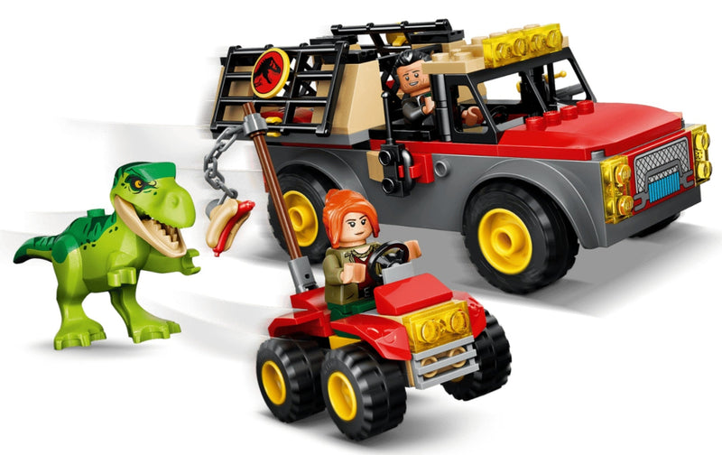 LEGO Jurassic World set 77670, featuring a red and gray off-road vehicle, a red and gray ATV with a minifigure and a green T-Rex toy all on a clean white background.