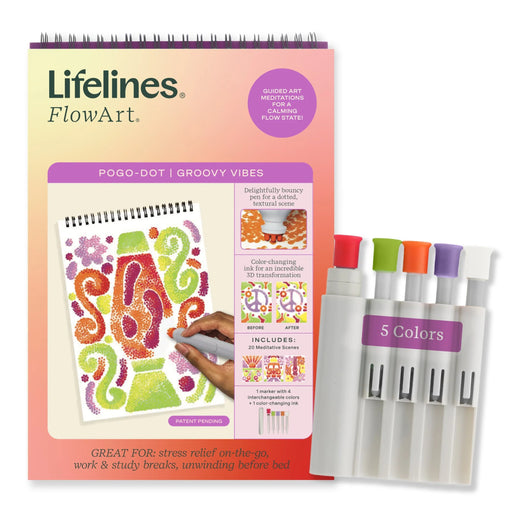 Lifelines FlowArt Pogo-Dot Groovy Vibes art meditation kit with sketchbook and 5 color markers