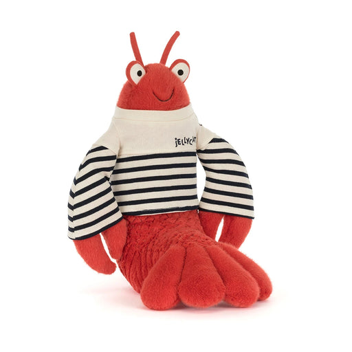 Red lobster plush toy wearing black and white striped sailor shirt