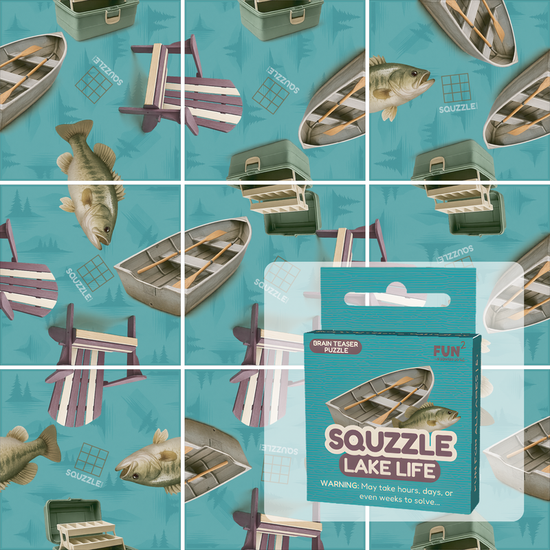 Squzzle Lake Life brain teaser puzzle by Fun Squared Games with teal lake-themed packaging