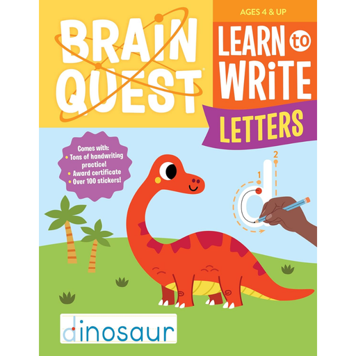 Book cover of 'Brain Quest: Learn to Write Letters' with a dinosaur illustration and colorful design.