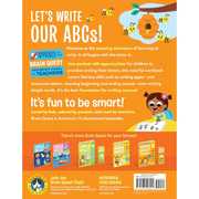 Back cover of 'Brain Quest: Learn to Write Letters' with a dinosaur illustration and colorful design.