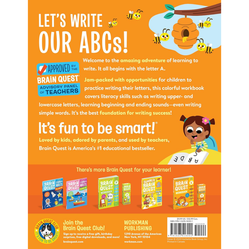 Back cover of 'Brain Quest: Learn to Write Letters' with a dinosaur illustration and colorful design.