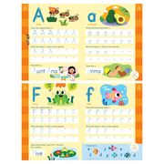 Inside pages (Letters A & F) of 'Brain Quest: Learn to Write Letters' with a dinosaur illustration and colorful design.