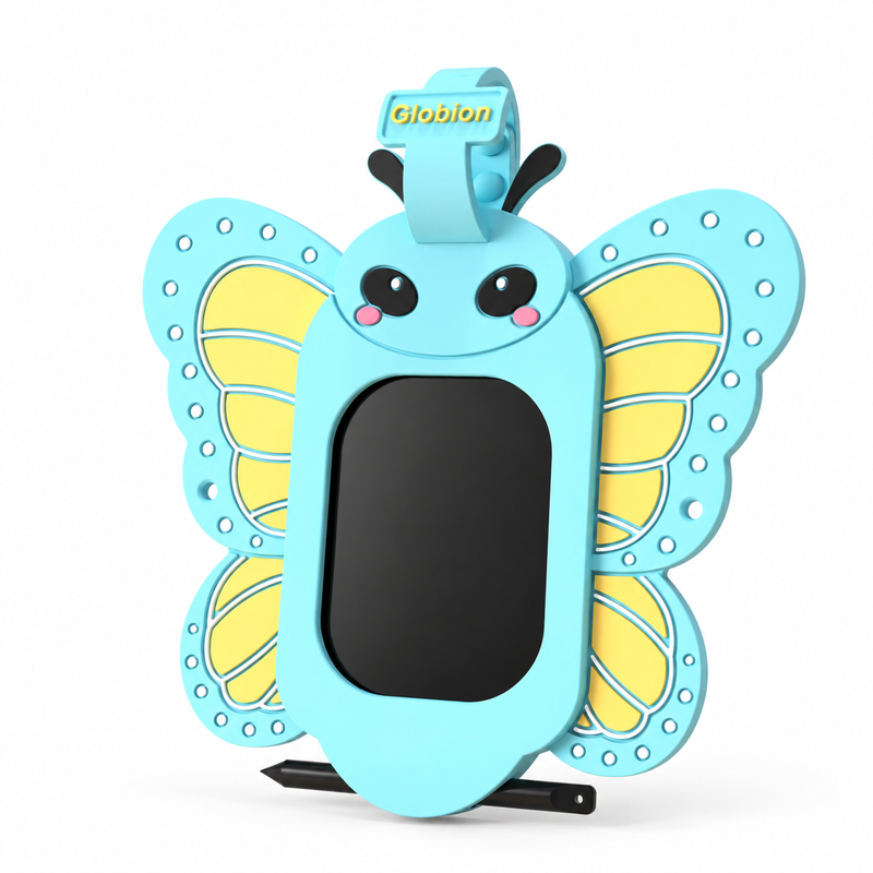 Light Blue Butterfly Doodle Pad by Globion with stylus on a white background