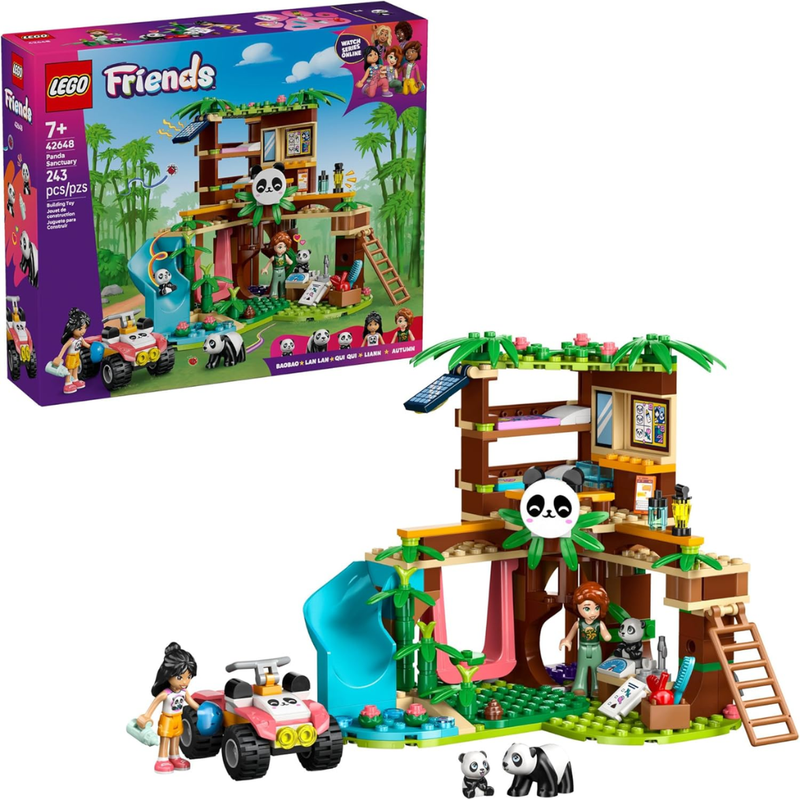 LEGO Friends panda treehouse set with packaging on a white background