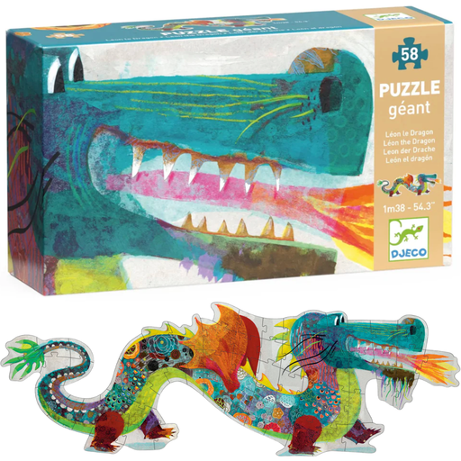 Colorful dragon puzzle with packaging and the puzzle displayed below.
