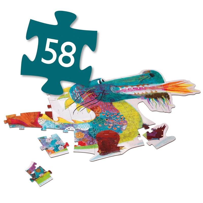 Colorful puzzle with a dragon design and a large blue piece displaying the number of pieces in the puzzle (58).