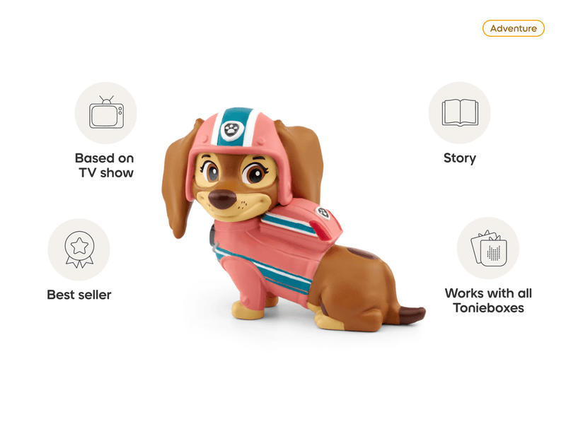 Tonie figure of Paw Patrol Liberty character in pink uniform on white background with feature callouts