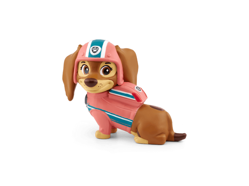 Tonie figurine of Liberty from Paw Patrol in pink outfit on plain background