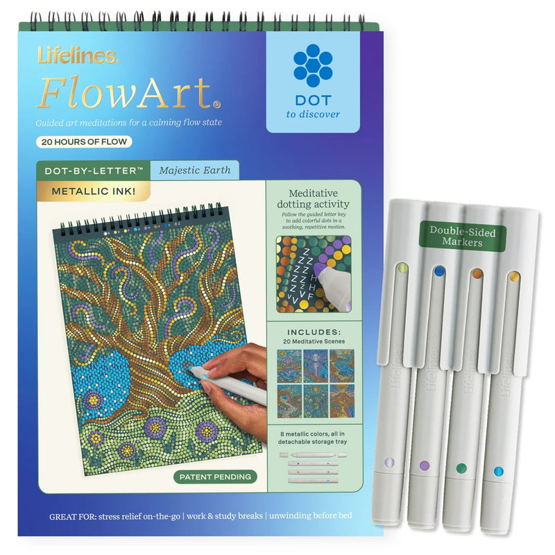 FlowArt Dot-by-Letter meditative art kit with a spiral-bound coloring/lettering pad and four double-sided markers on a white background.