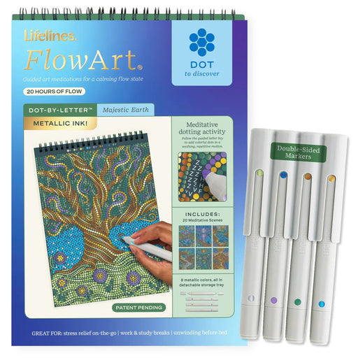 FlowArt Dot-by-Letter meditative art kit with a spiral-bound coloring/lettering pad and four double-sided markers on a white background.