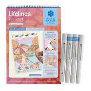 Lifelines FlowArt Dot & Stamp to discover kit, featuring a spiral-bound coloring/flow state journal with a printed cover illustration, four double-sided markers, and a blue-and-white product box on a white background.