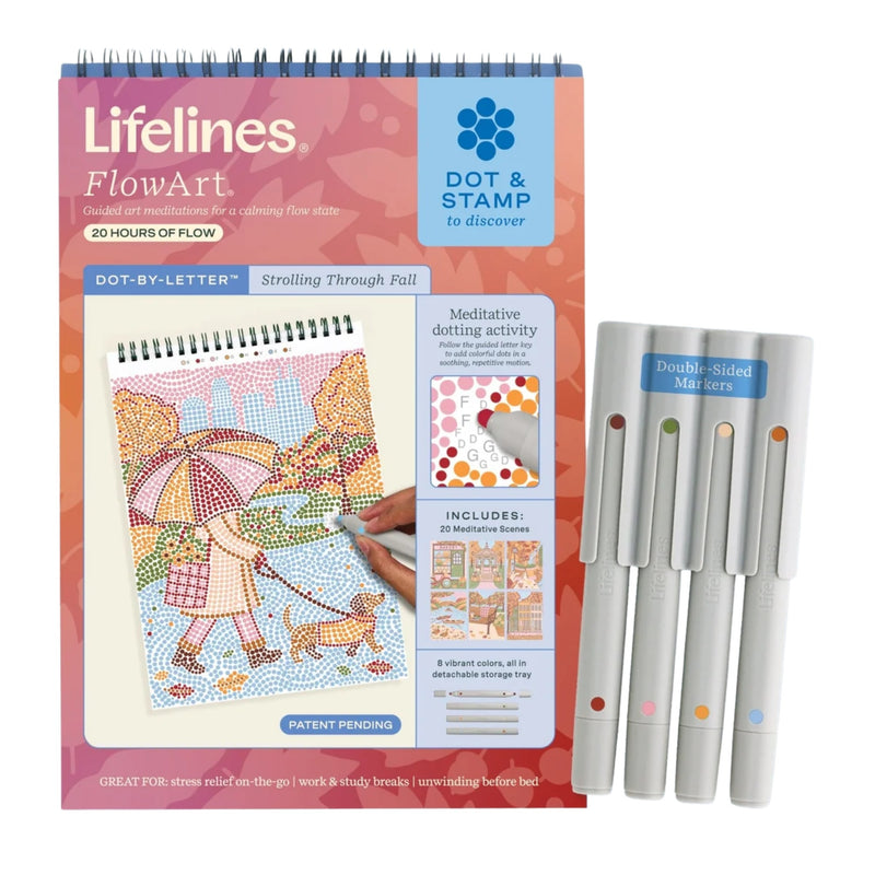 Lifelines FlowArt Dot & Stamp to discover kit, featuring a spiral-bound coloring/flow state journal with a printed cover illustration, four double-sided markers, and a blue-and-white product box on a white background.