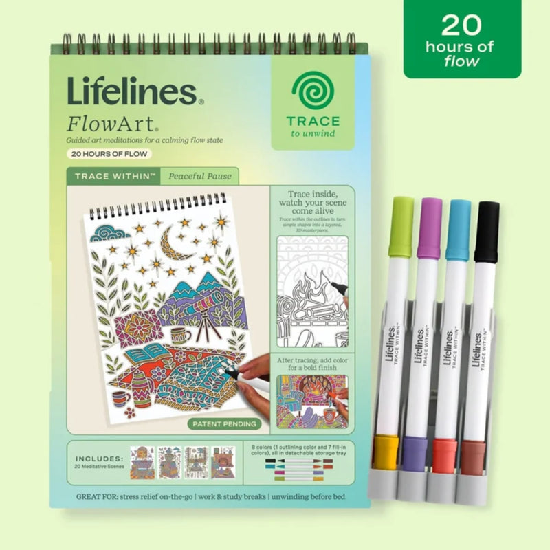 Lifelines FlowArt art set with coloring book and markers on a light green background