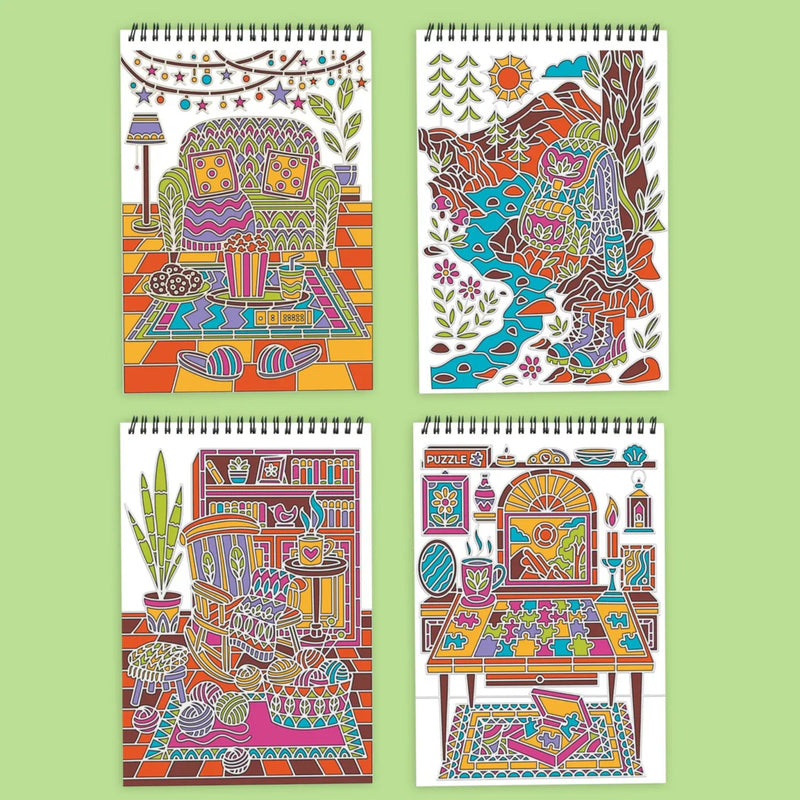 Four colorful illustrated pages on a green background