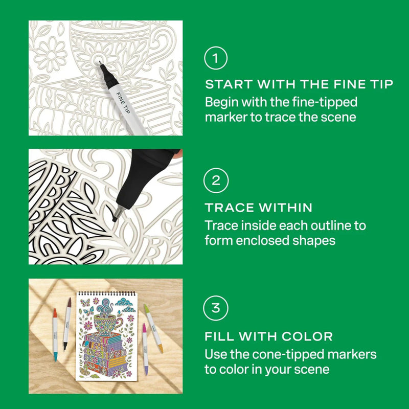 Step-by-step guide for coloring with markers on a green background