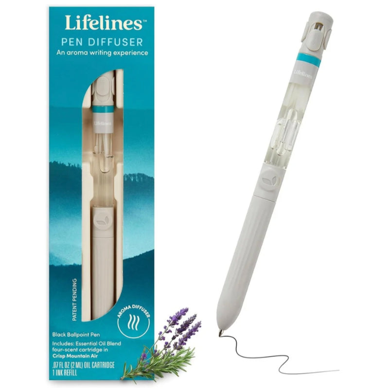 Lifelines Pen Diffuser shown next to its retail box on a white background, with a small sprig of lavender and rosemary and a thin line of oil visible.