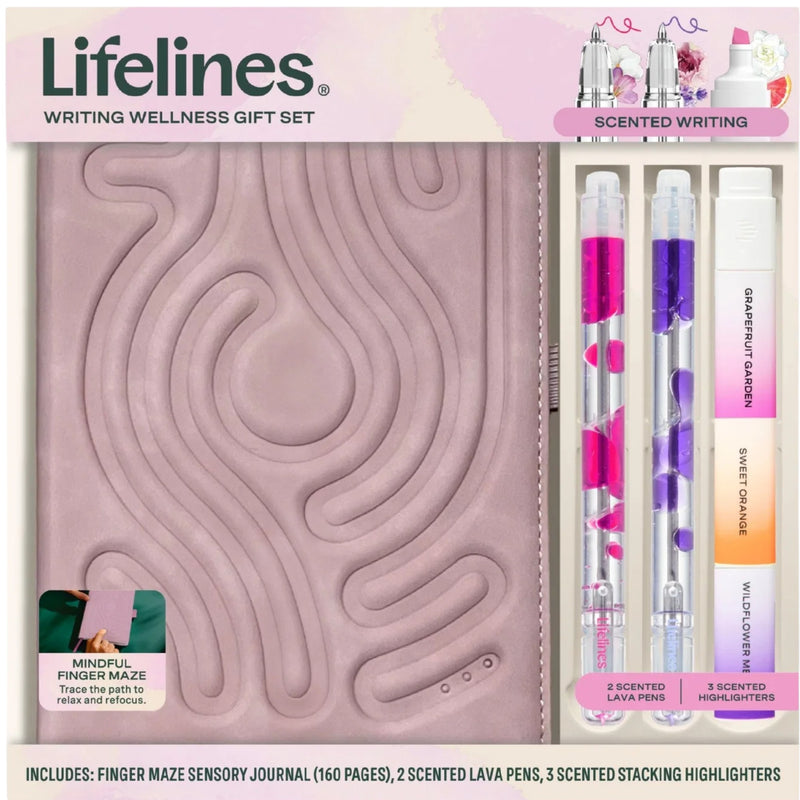 Lifelines Writing Wellness Gift Set featuring a lavender finger-maze sensory journal, three scented lava pens in pink, purple, and orange, and three stacked highlighters, all presented on a white background with product details and branding.