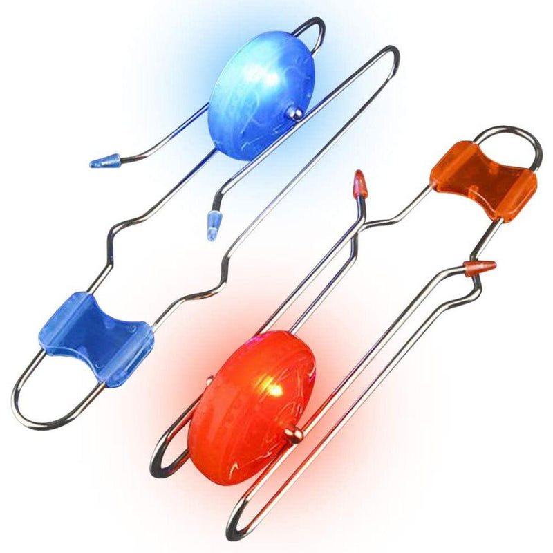 Two light-up magic wheel toys with glowing blue and red LED oval spinners on metal frames