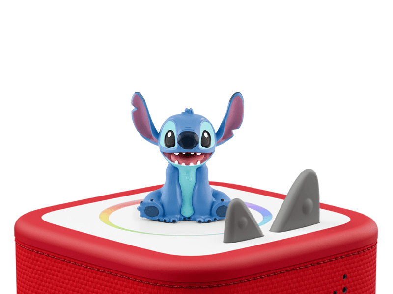Stitch character Tonie figurine on red Toniebox with shark fins visible