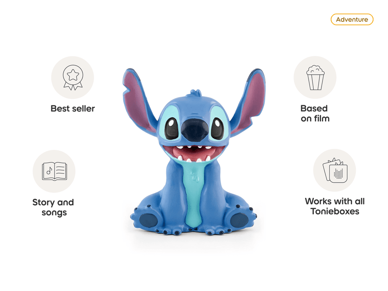Blue Stitch Tonie figurine with feature callouts on white background